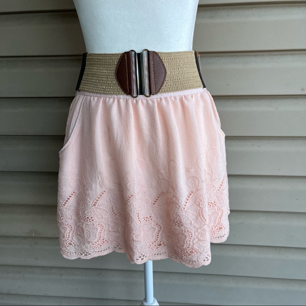 •Stooshy• Blush Pink Eyelet Belted Mini Skirt - Size Small
